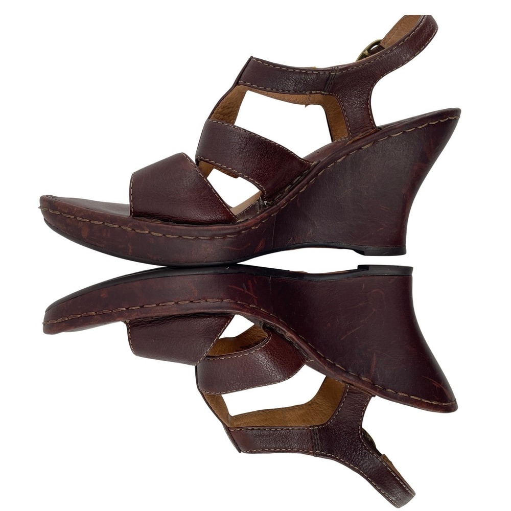 Born Wedge Sandals Womens 8 Brown Leather Strappy Buckle Comfort Cottagecore Y2K